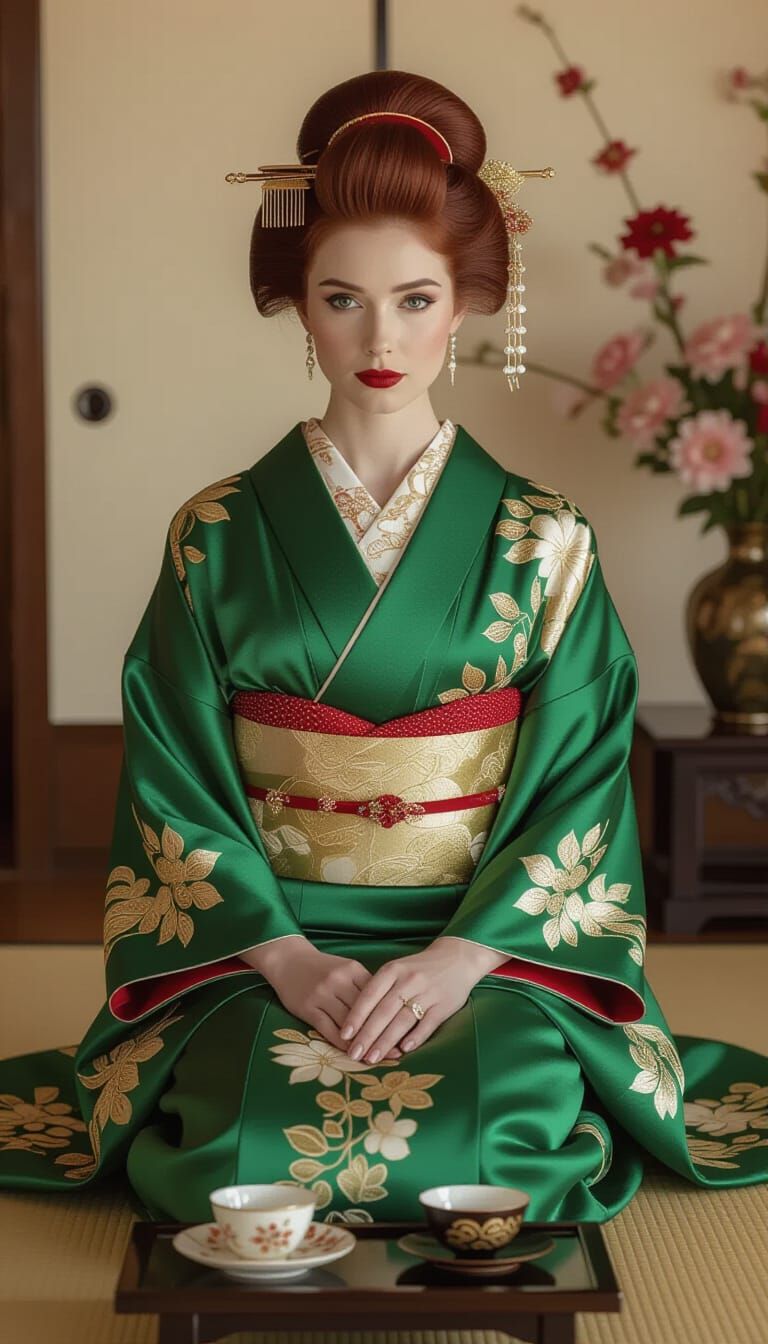 Woman in Kimono with Geisha Bun, Cinematic Photography