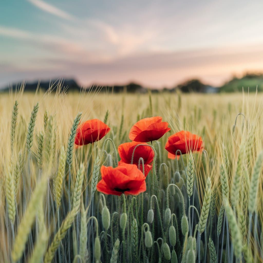 Vibrant Green Field with Red Poppies