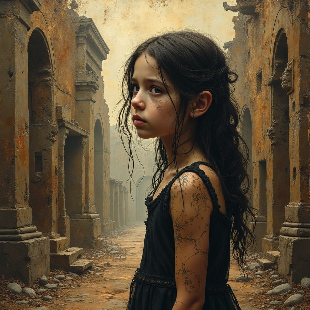 Girl's Portrait in Ancient Ruined City with Zentangle Patter...