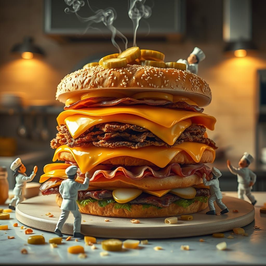 Giant Golden Sandwich Masterpiece with Tiny Chefs