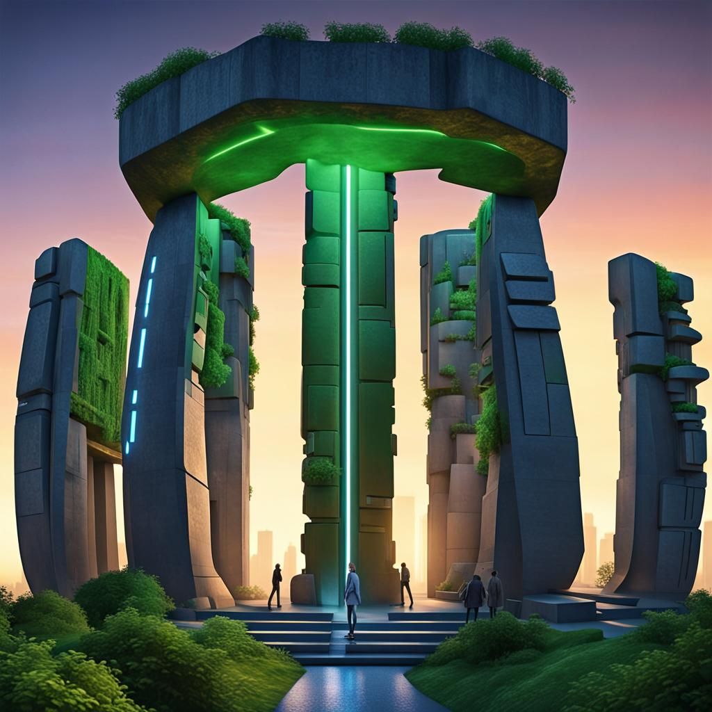 Neo-Futuristic Stonehenge Monument in a Vibrant City