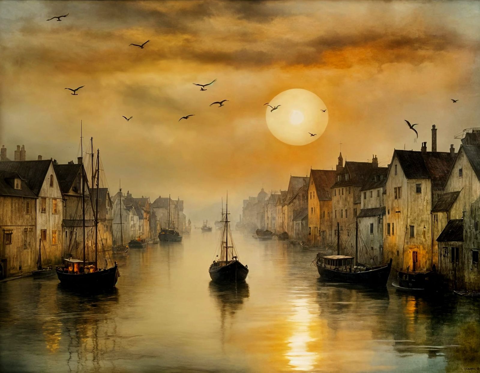 foggy fishing harbour