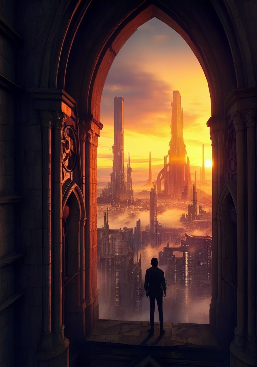 Cyberpunk Sunset from Gothic Belltower in Digital Painting S...