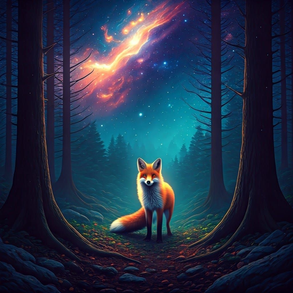 Red Fox Under Nebula Sky in Starry Night Style