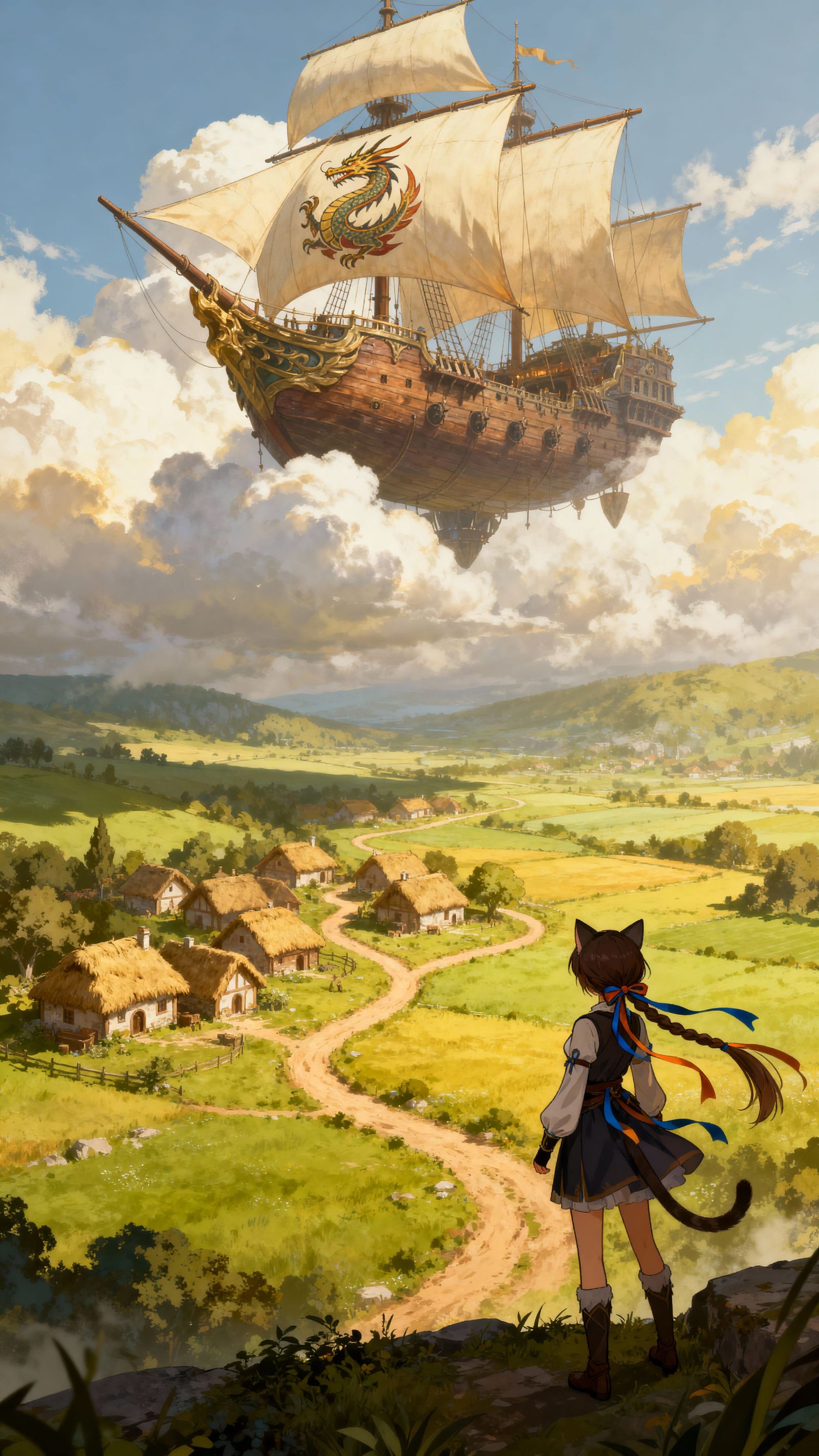Fantasy Catgirl Overlooks Village with Dragon Airship