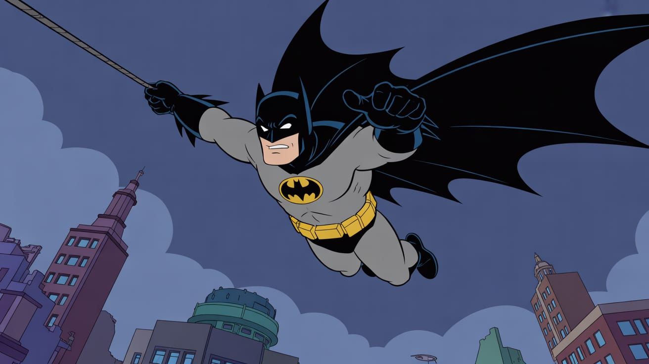 A cartoon-style Batman soars through the night sky, a grappling hook extended before him.