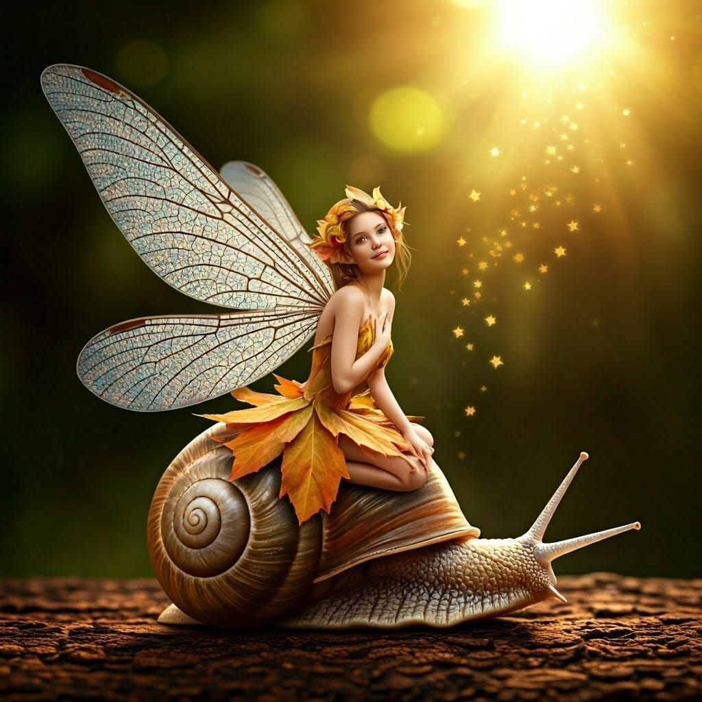 Ethereal Fairy on Snail Shell in Autumnal Light
