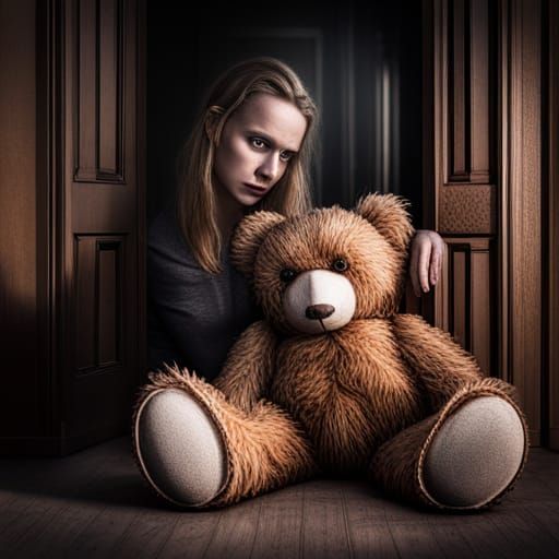 Creepy Teddy Bear in Dark Bedroom, Hyperrealistic