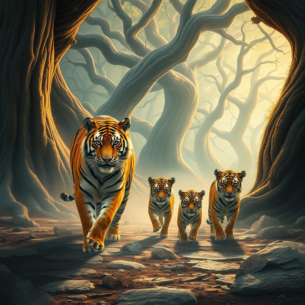 Surreal Tiger Cubs Roam Ethereal Realm in Vibrant, Hyper-Rea...