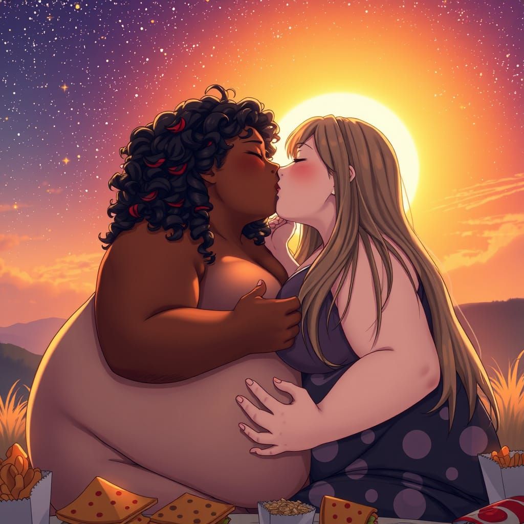 Morbidly Obese Girls Share Tender Kiss Under Vibrant Sunset