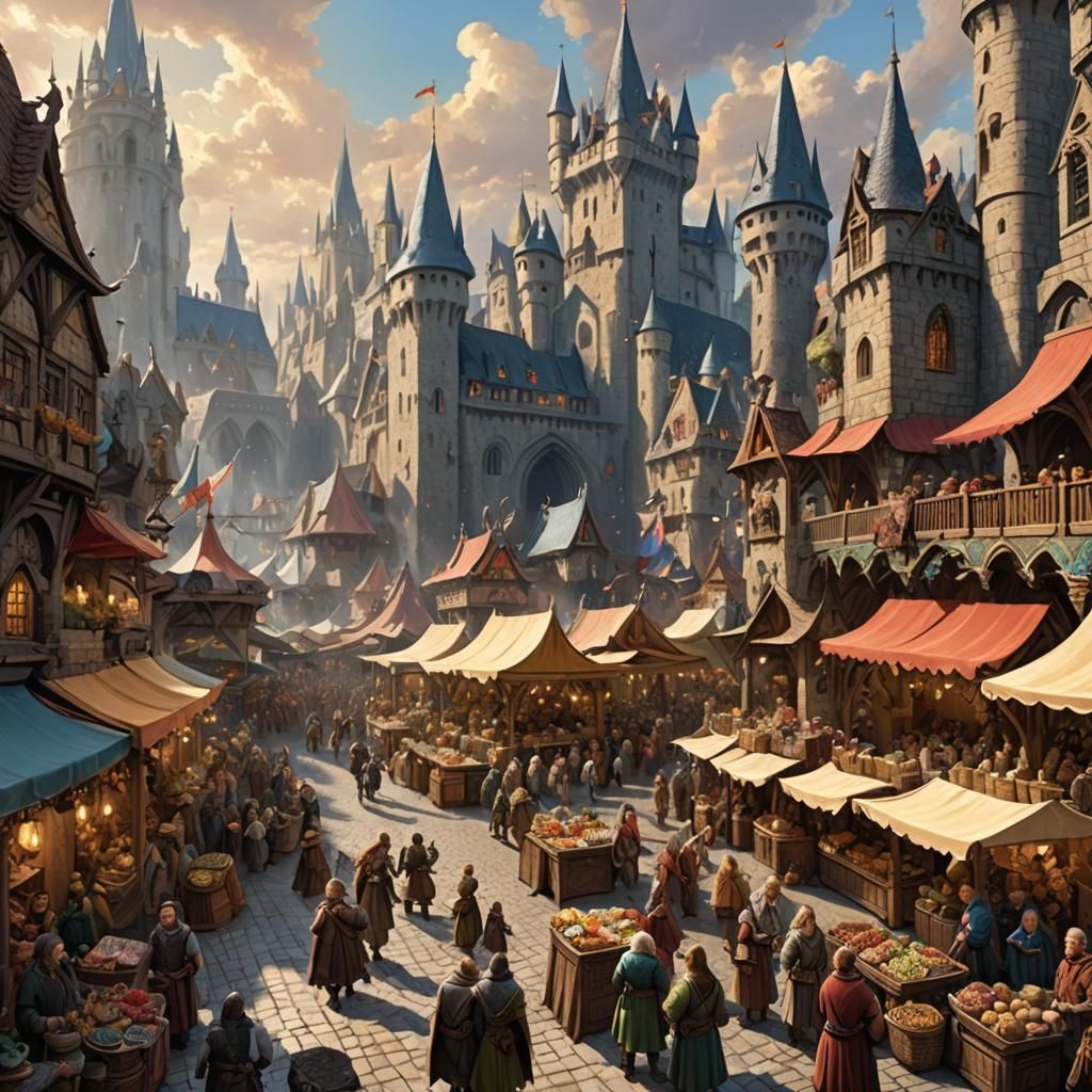 Fantasy Marketplace with Mythical Creatures