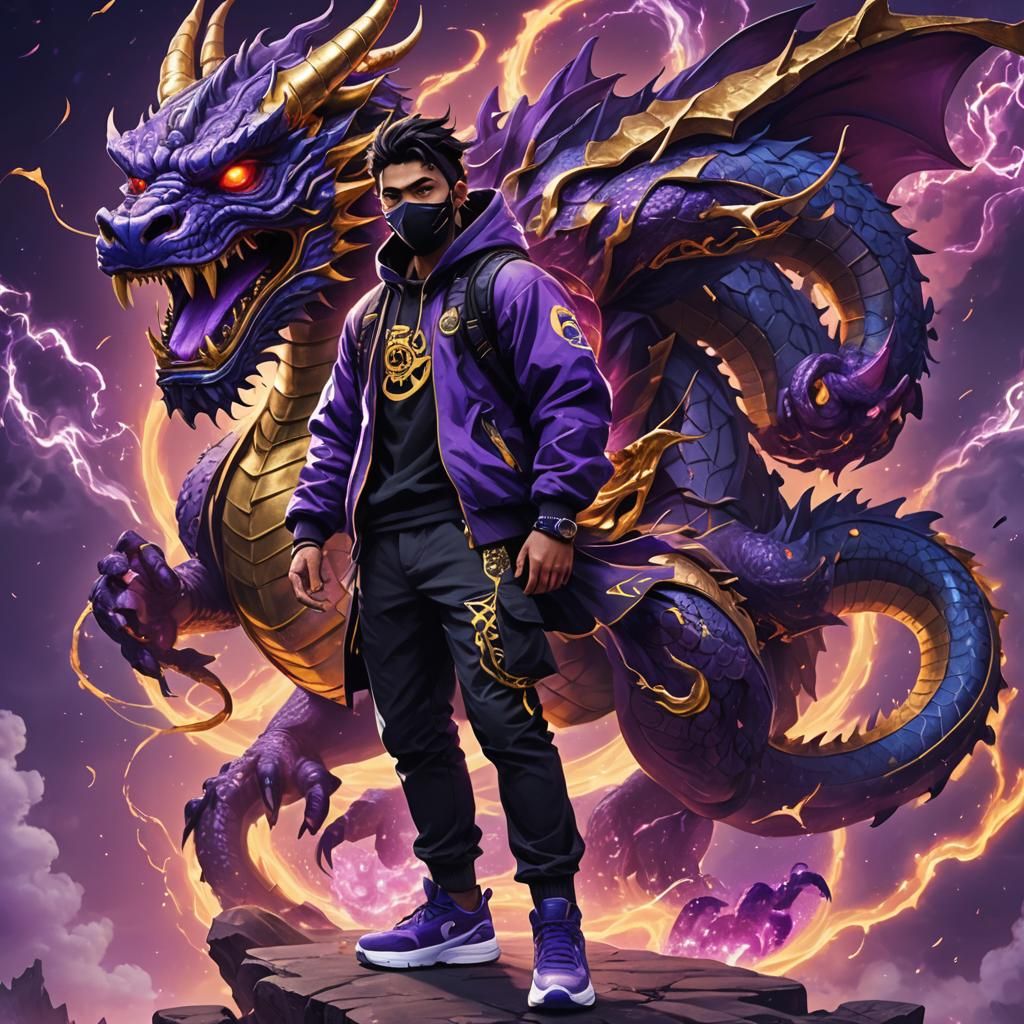 Oni Masked Figure with Dragon in Electric Purple