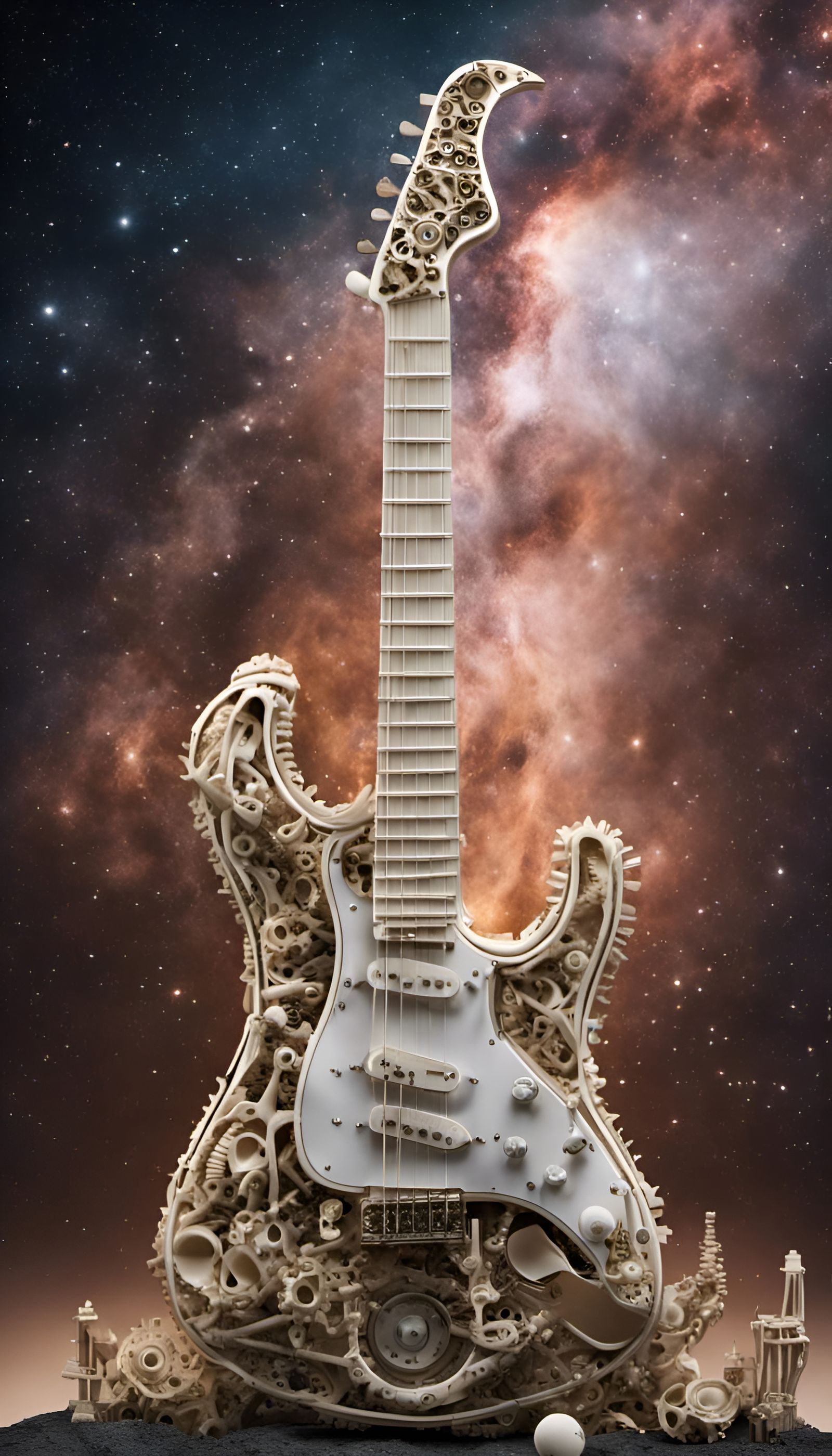 Intricate Bone Electric Guitar Against Nebula