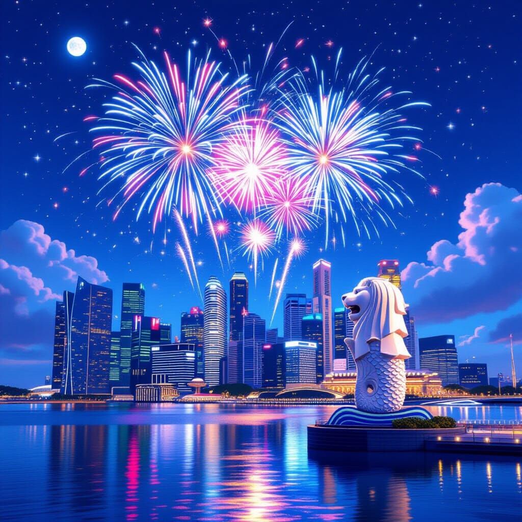 Singapore Marina Bay Fireworks in 3D Anime Style