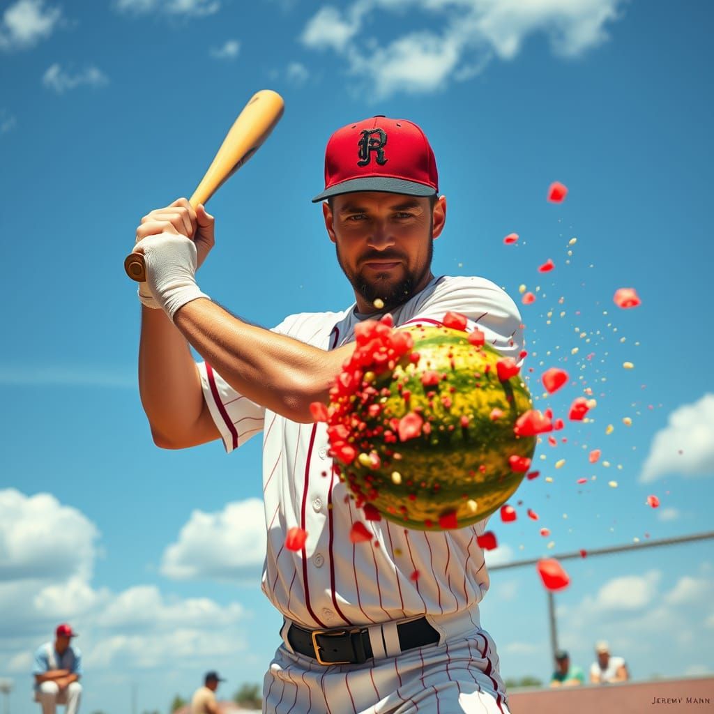 Baseball Player Smashes Watermelon in Vibrant Pop Art Style