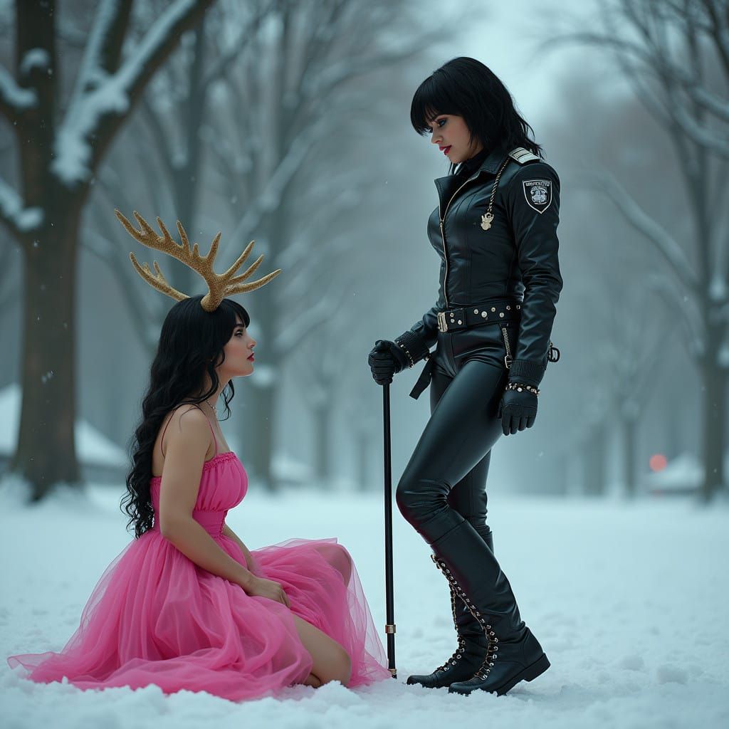 Elegant Prison Guard Dominates Snowy Scene in Cyberpunk Styl...