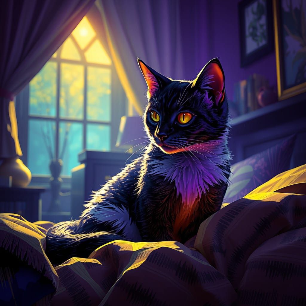 Surreal Dark Fantasy Cat Reigns in Lavish Bedroom