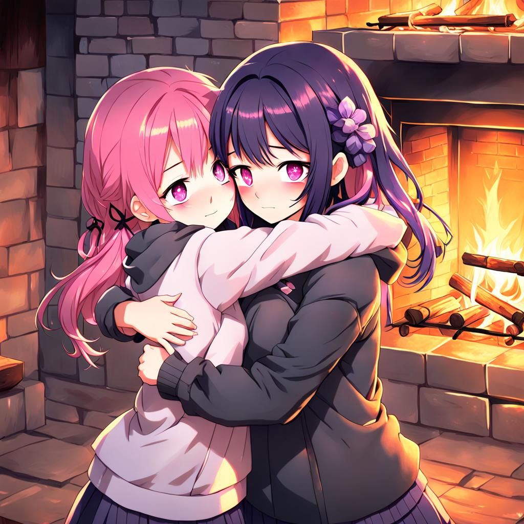 Anime Girls' Heartwarming Fireplace Embrace