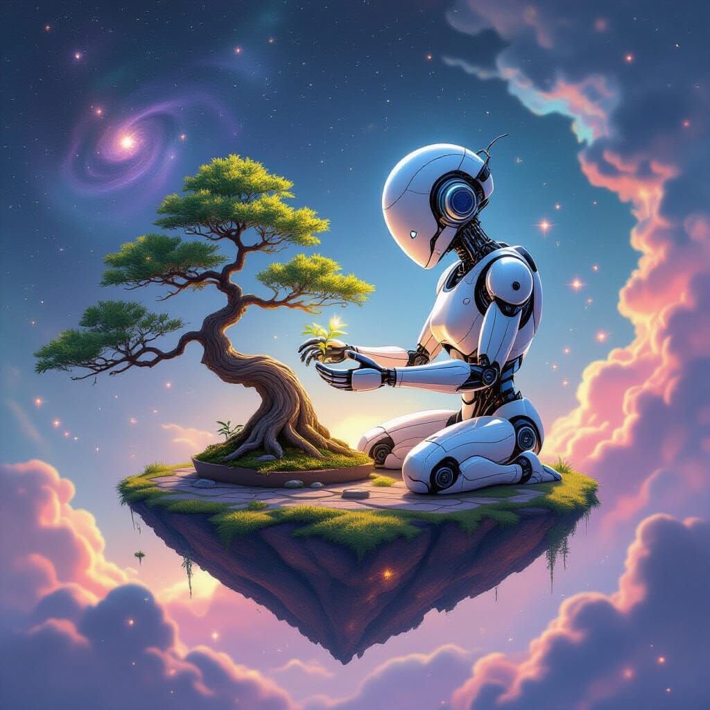 Whimsical Robot Tends Bonsai on Floating Cosmic Island
