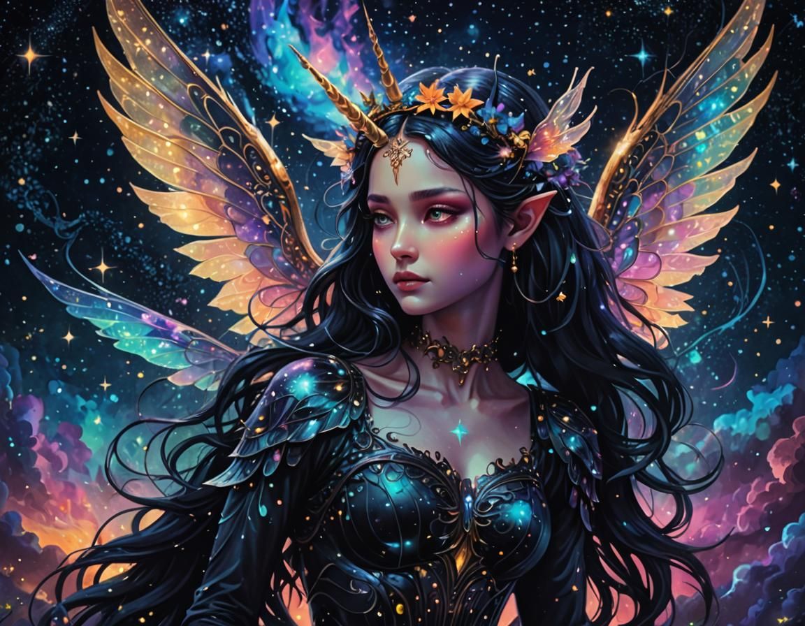 Dark Fairy and Unicorn in a Cosmic Dreamscape