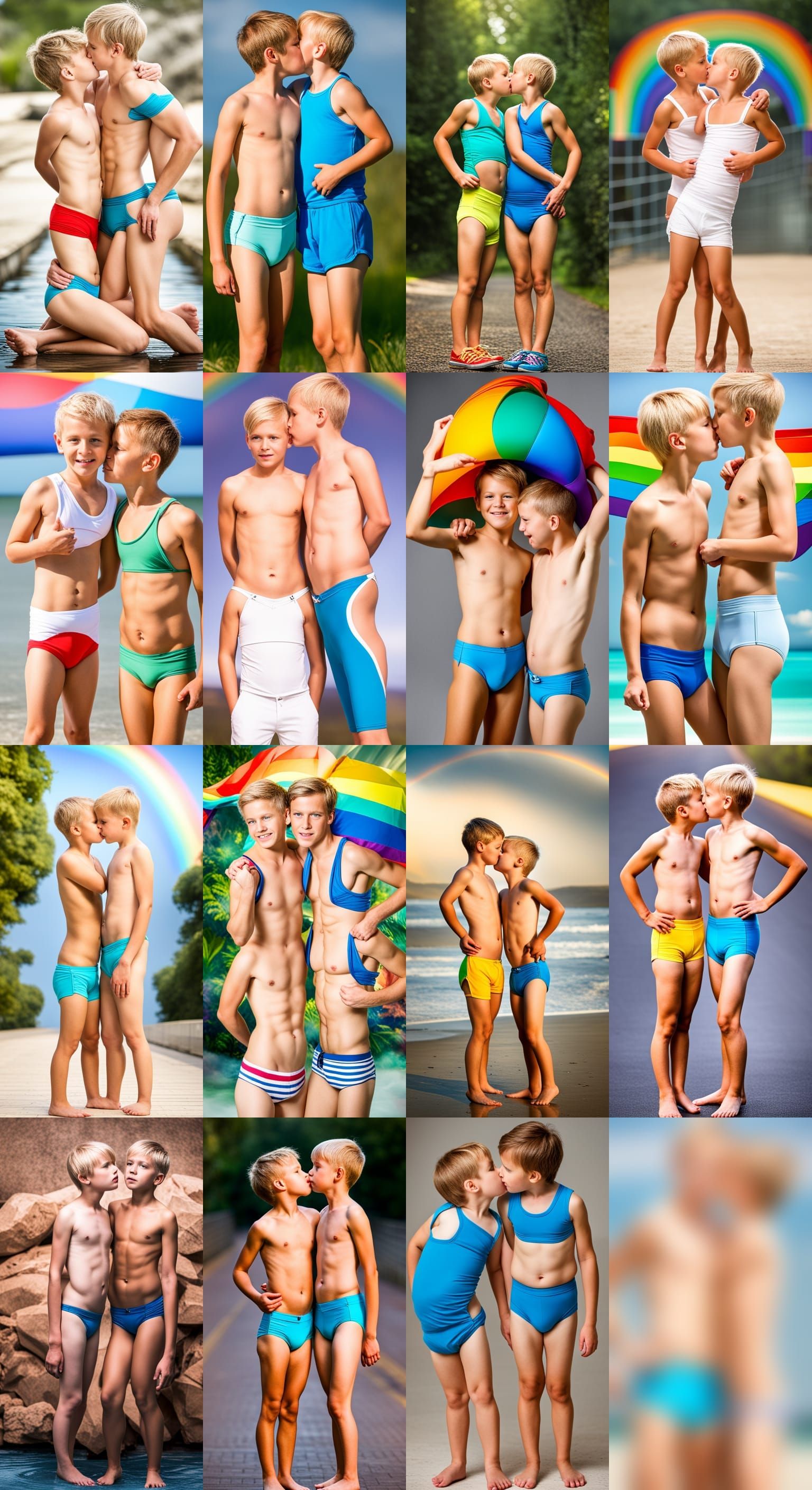 Two Boys Kissing in Swimsuits: Photorealistic Portrait