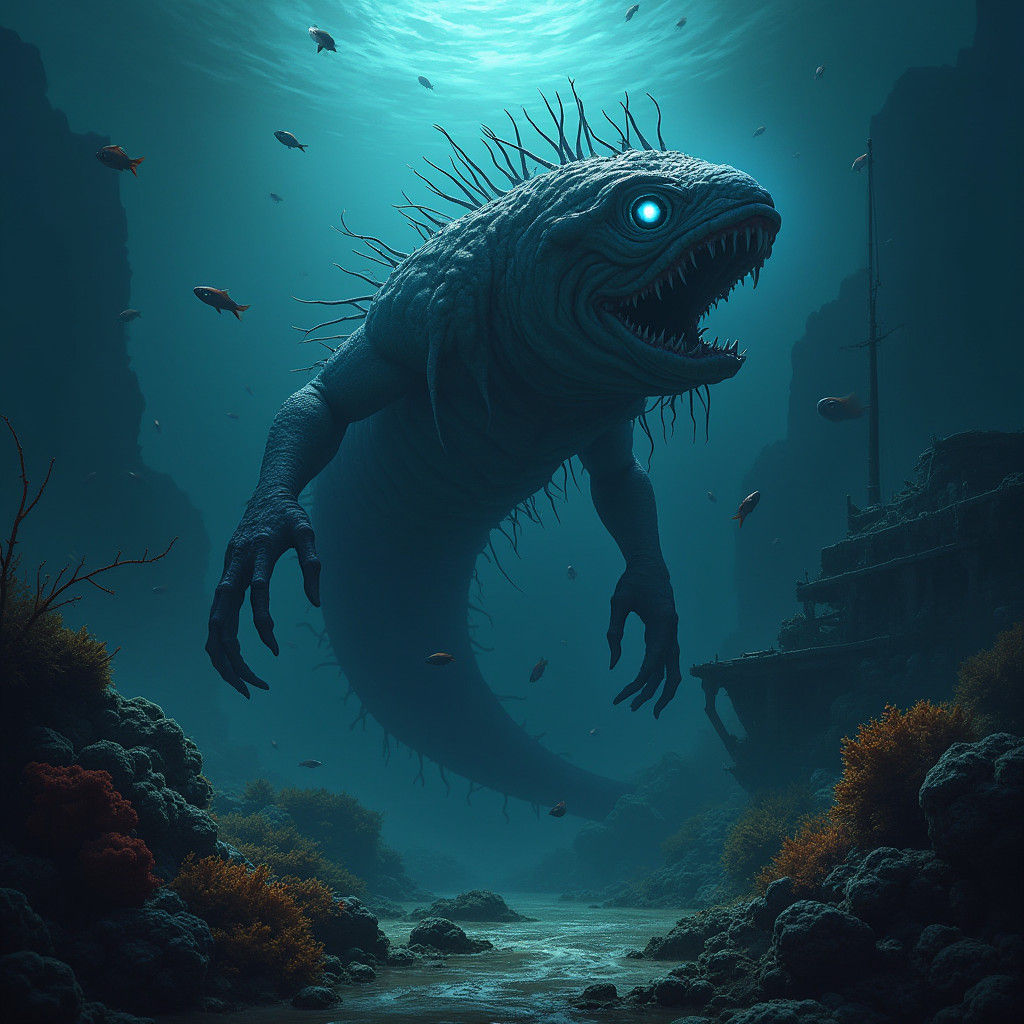 Grotesque Fish-Man Emerges from Dark Ocean Depths