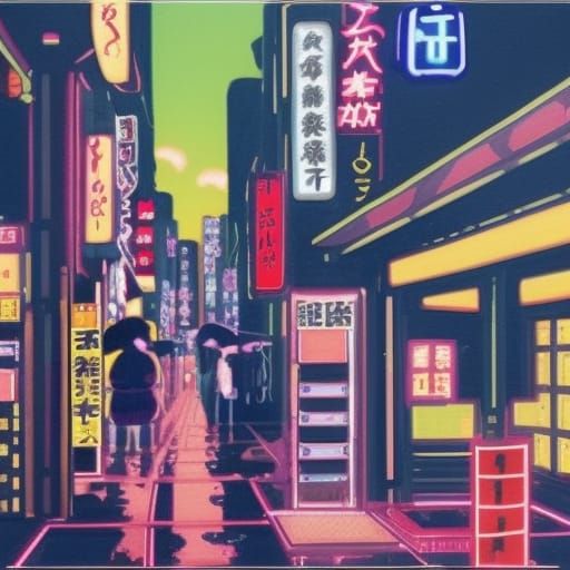 Neon Samurai in Watercolor Japanese Landscape