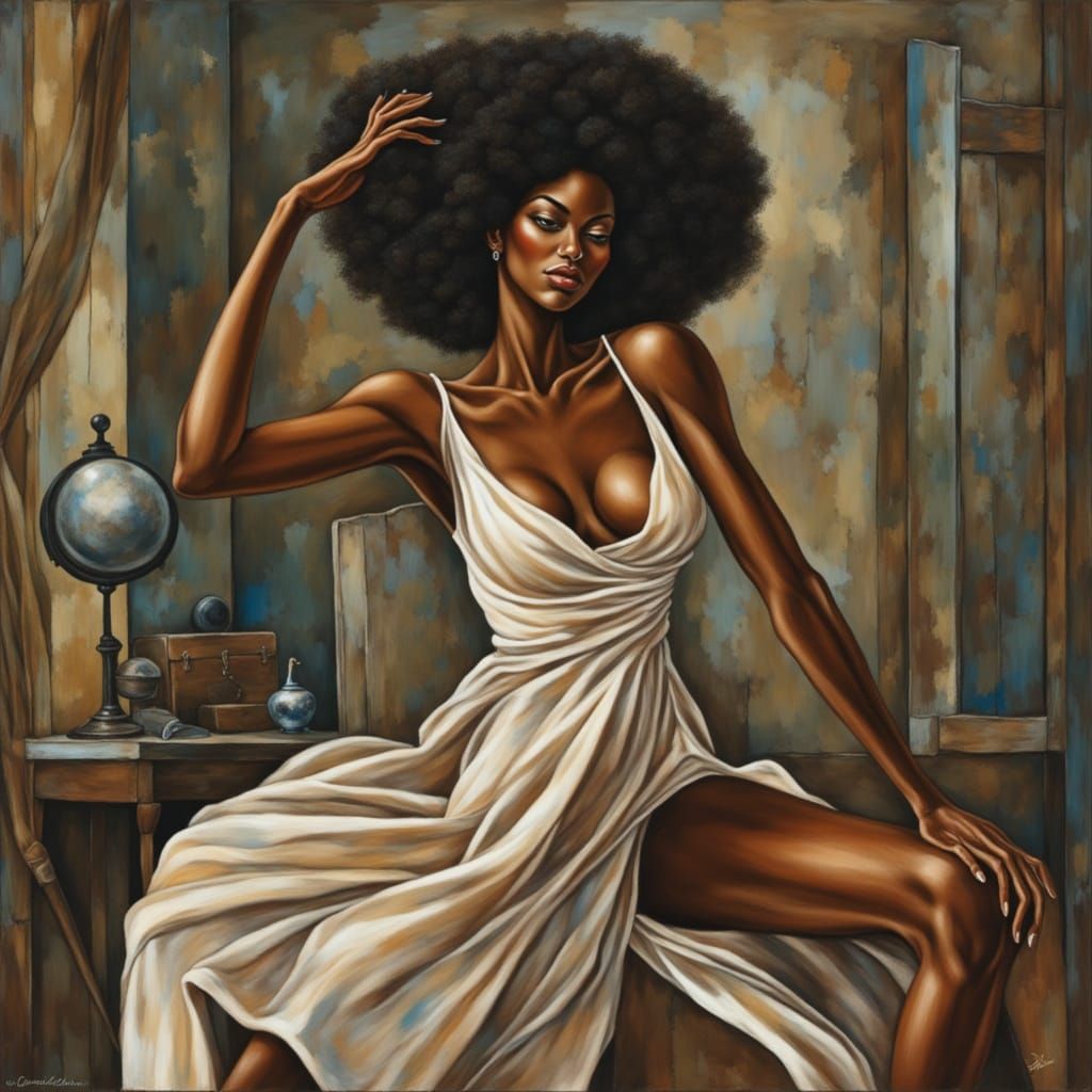 Sensual Woman with Afro in Romantic Illustration Style
