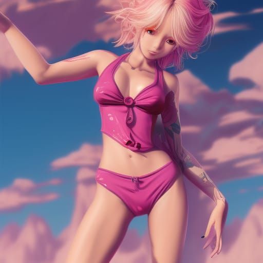 Cute Anime Girl in Pink Swimsuit: Detailed Matte Painting