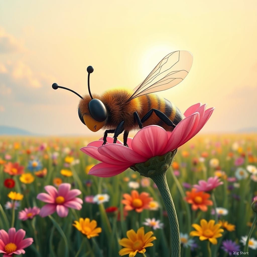 Whimsical Bee Amidst a Blooming Field of Flowers in Vibrant,...