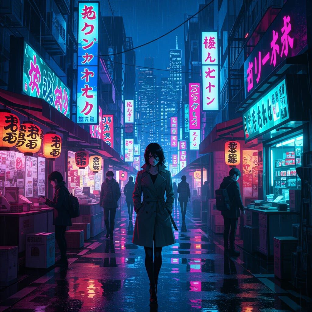 Cyberpunk Cityscape With Woman in Trench Coat