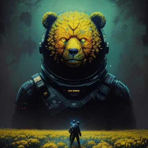 Astro Bear on Alien Planet with Yellow Flowers