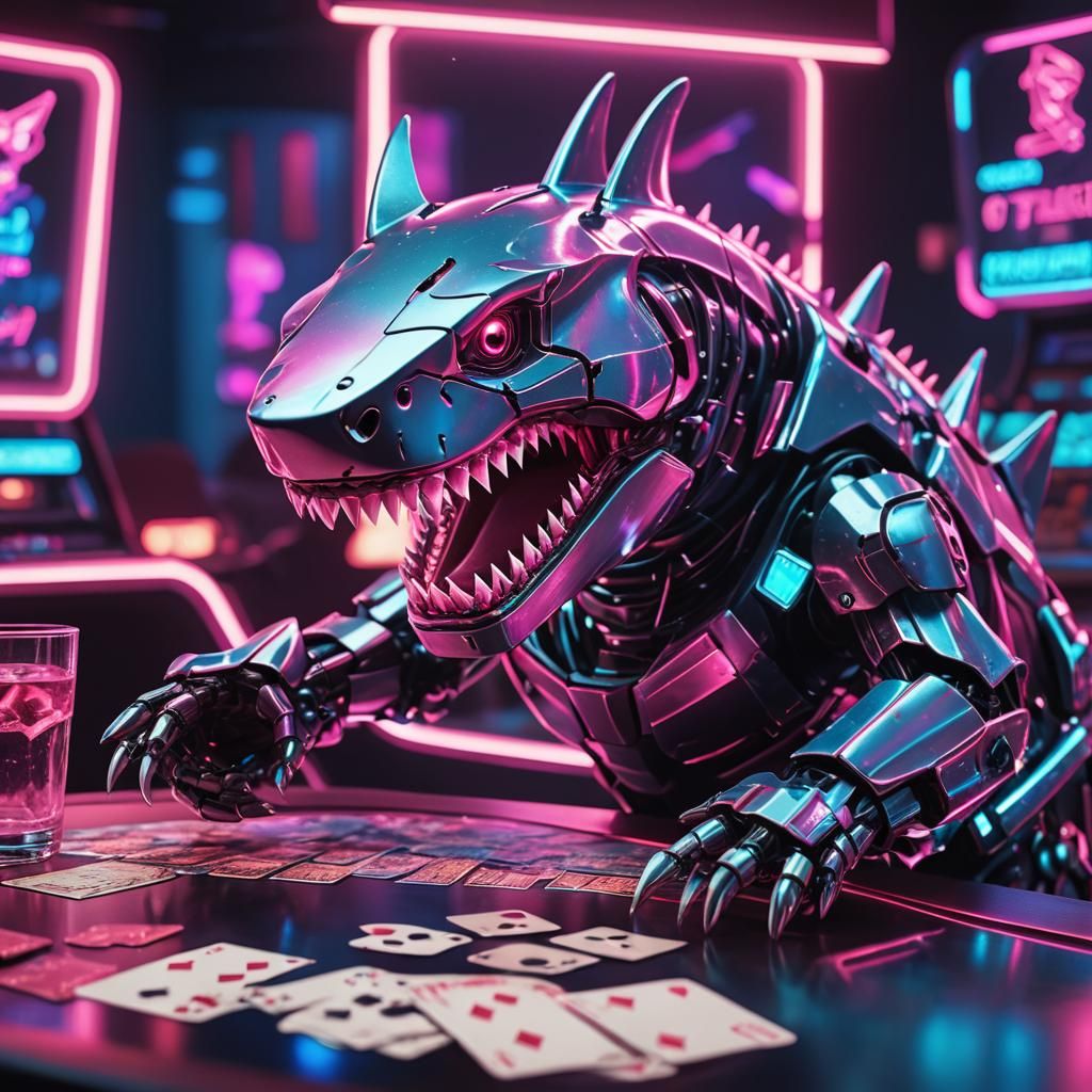 Robot Shark Plays Poker in Synthwave Neon