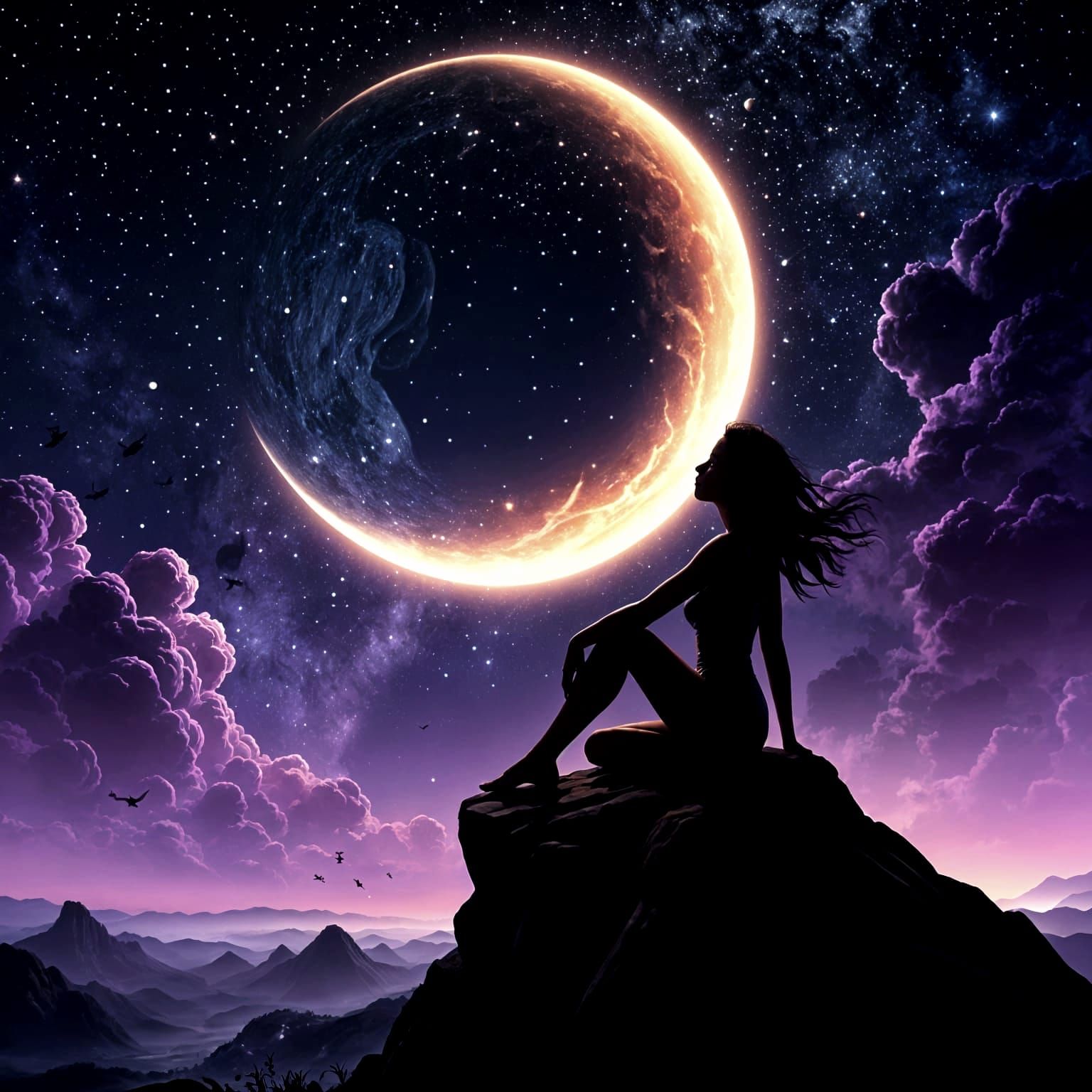 Woman Silhouetted by Giant Moon in Starry Sky