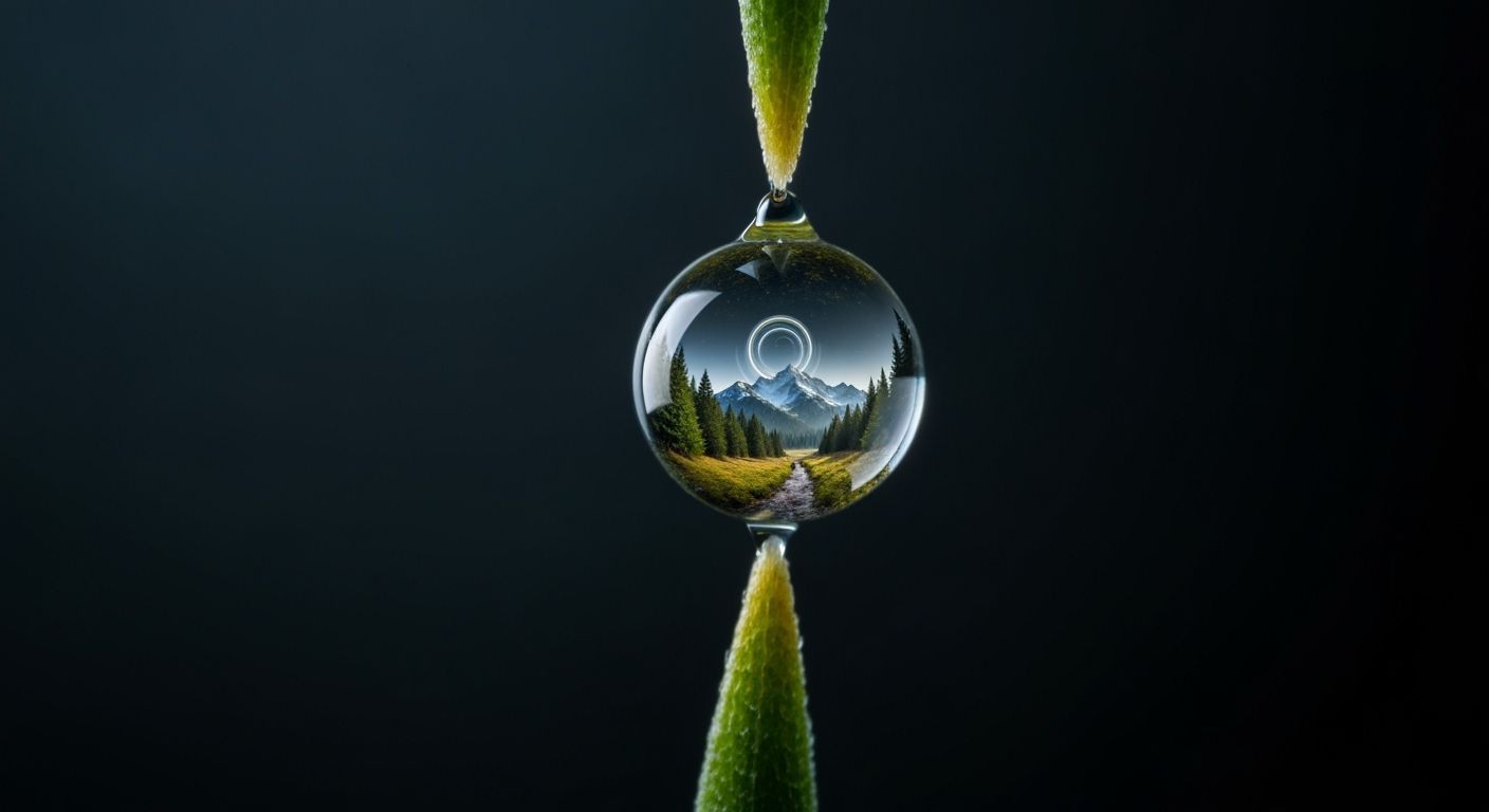 Macro Shot: Water Droplet Reflects Tiny Forest on Maple Leaf