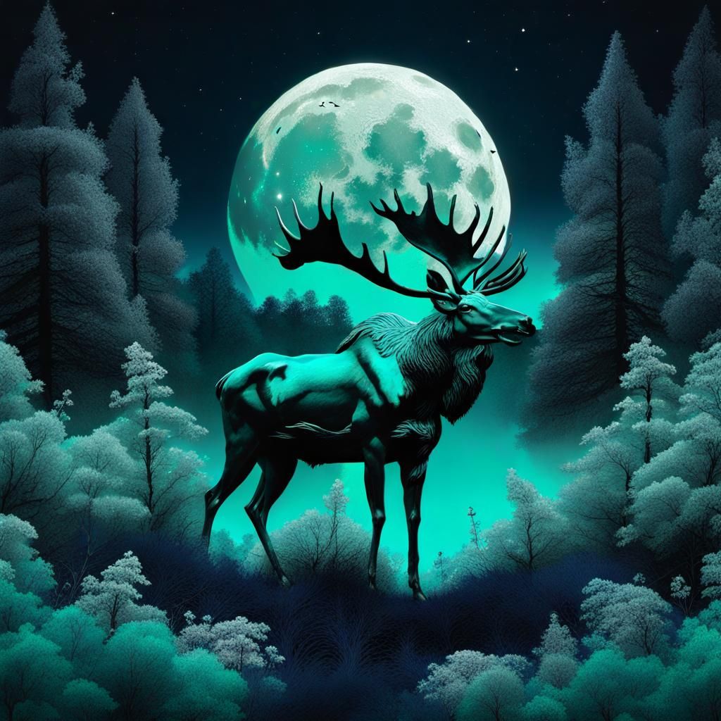 Metallic Magical Moose in Moonlit Meadow