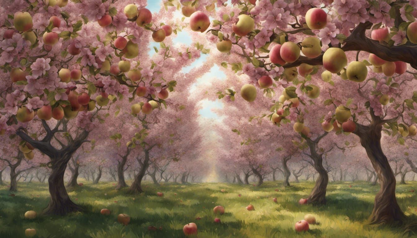 Apple Grove with Blossoms and Fruit in Sunlight