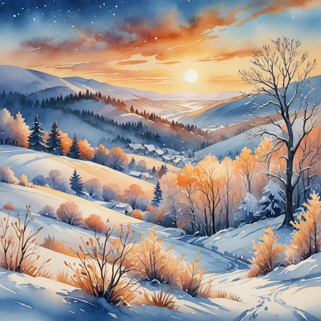 Winter Sunset: Whimsical Digital Watercolor Illustration