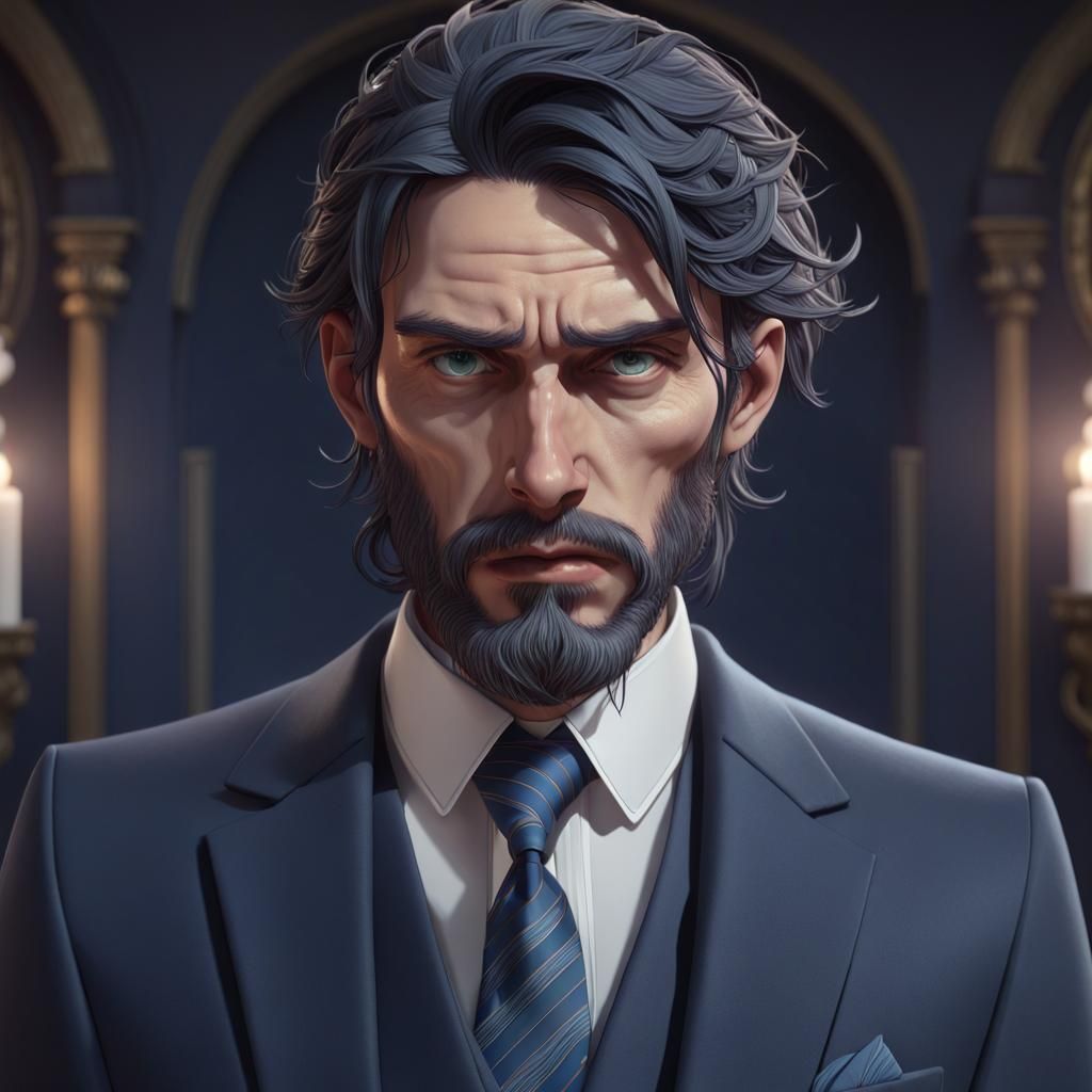 Pale Man in Blue Suit: Hyperdetailed Portrait