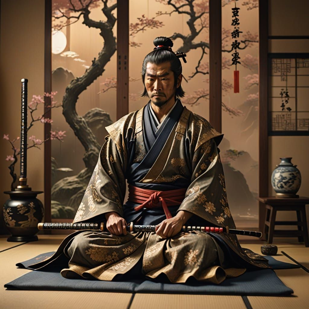 Samurai Meditates Before Sword in Japanese Room