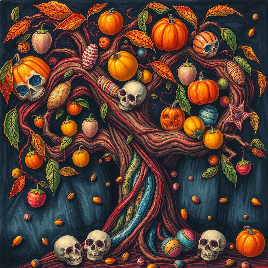 Surreal Halloween Candy Tree in Dreamlike Crayon Art