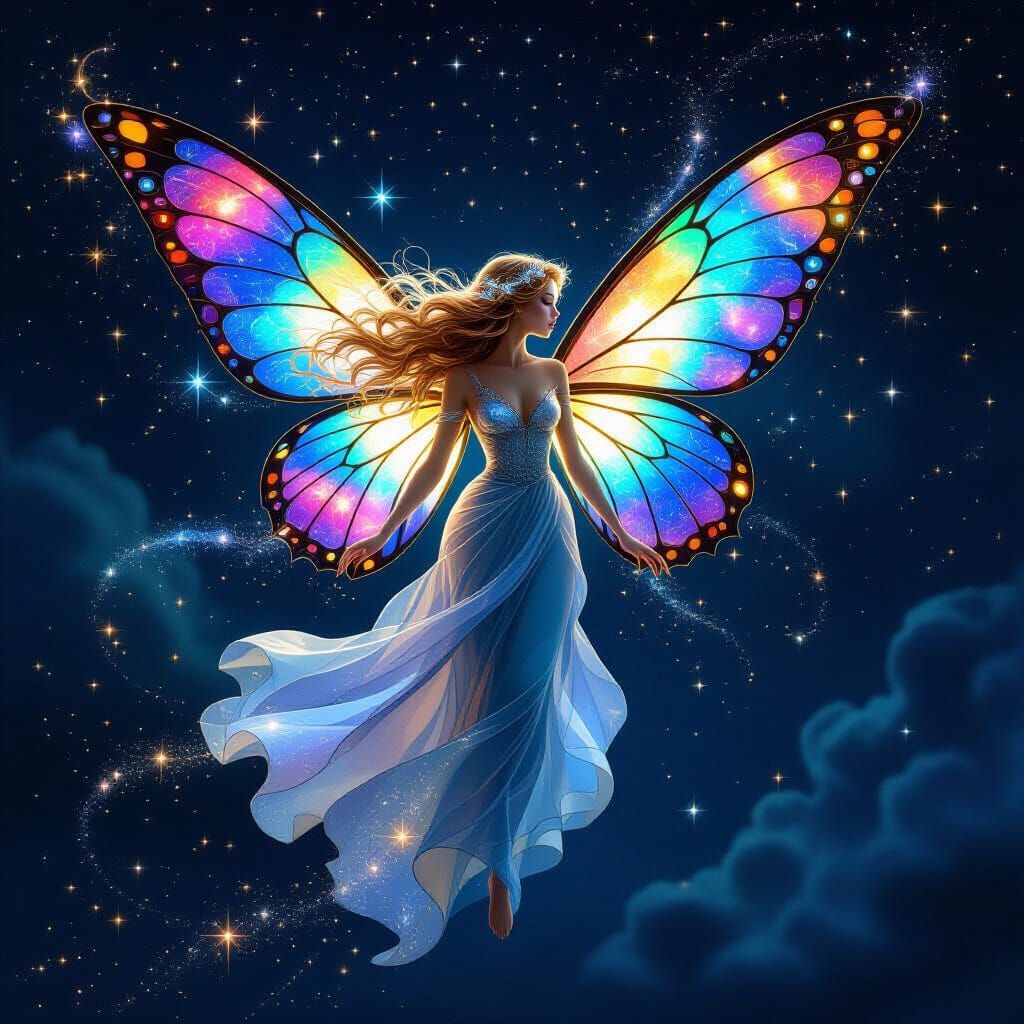 Stained Glass Fairy Soaring Through Starry Night