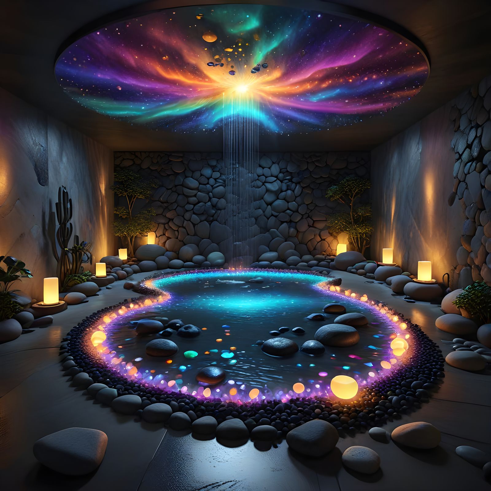 Zen Rock Garden with Aurora Ceiling and Lotus
