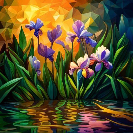Hyperrealistic Irises in Crystal Cubism Style