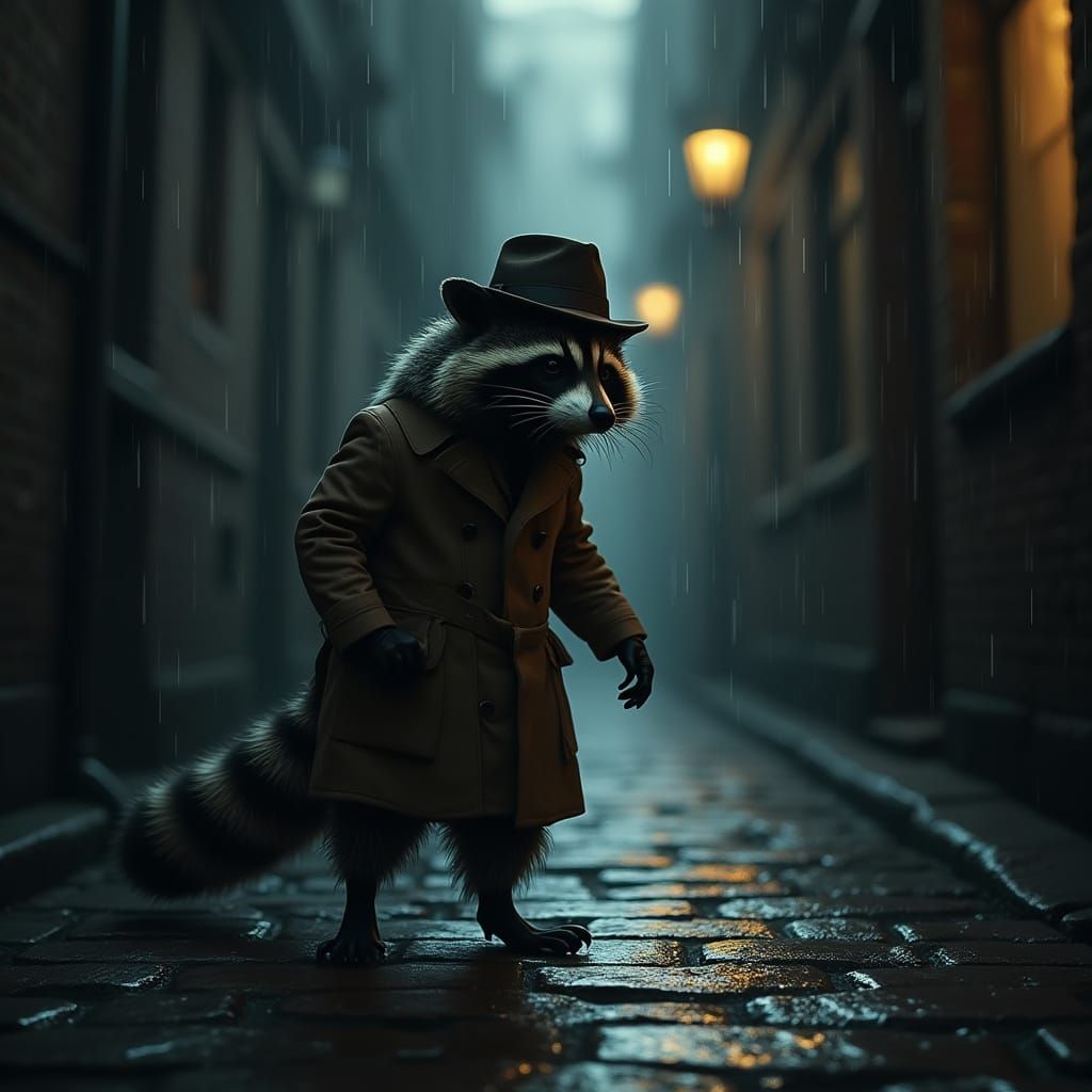 Raccoon Detective Investigates a Film Noir Alleyway