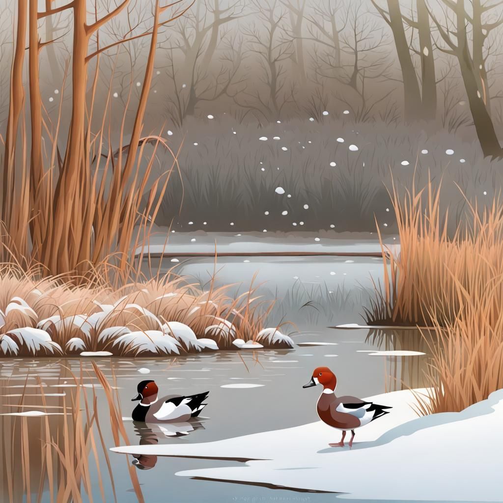 Wigeon and Pochard Ducklings Playing in Winter Pond