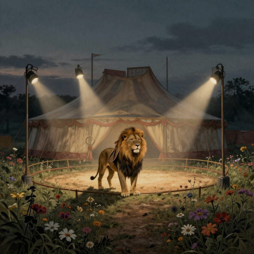 Majestic Lion in Vintage Circus Tent Spotlight