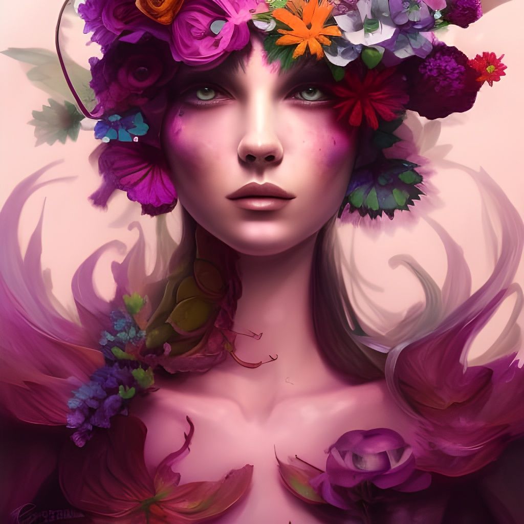 Dark Magic Flower Fairy Portrait in Gouache