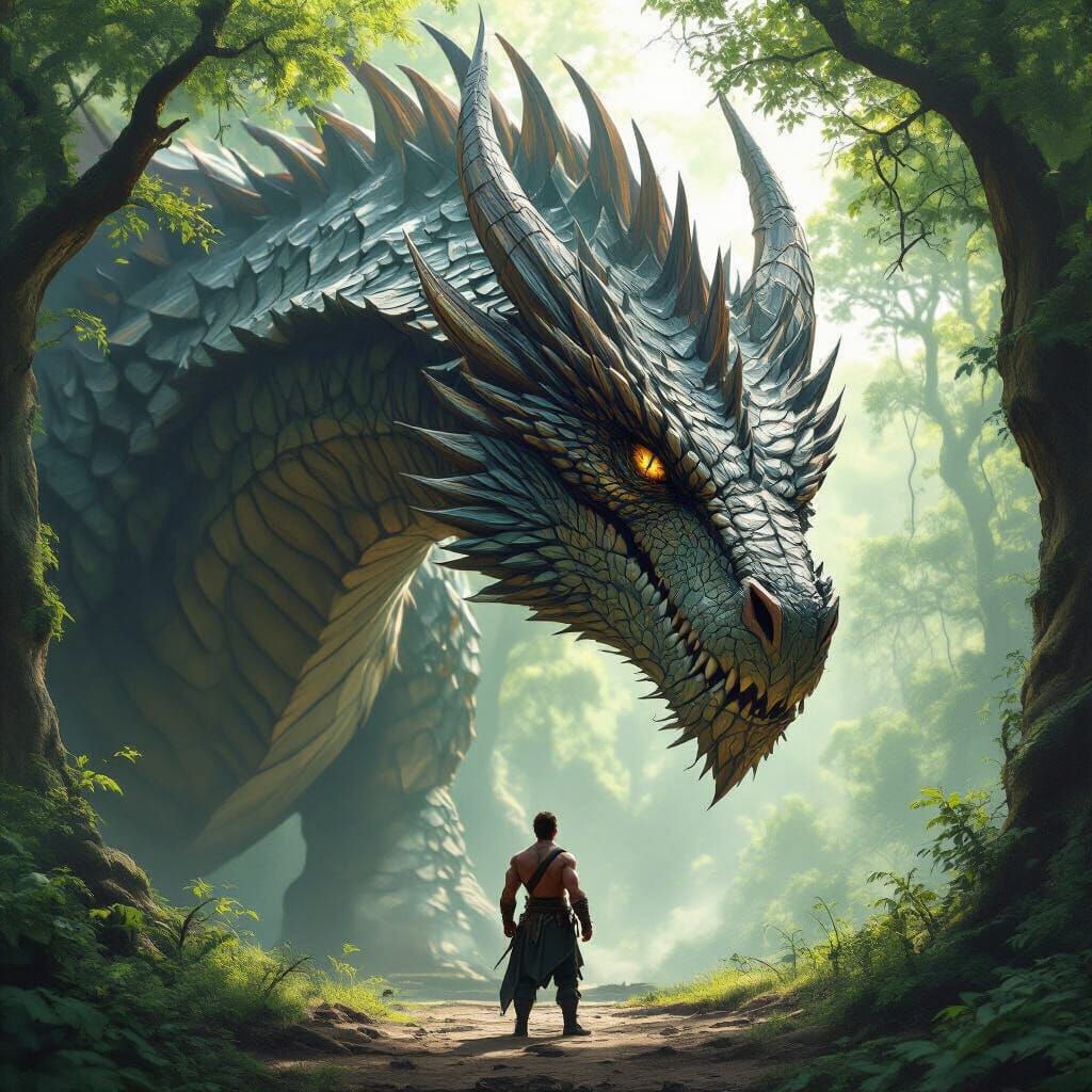 Colossal Dragon and Man in Verdant Forest Glade