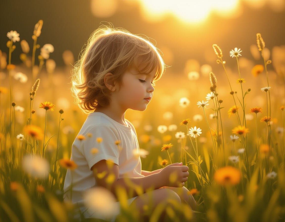 Child in Sunlit Meadow: Impressionist Splash Art